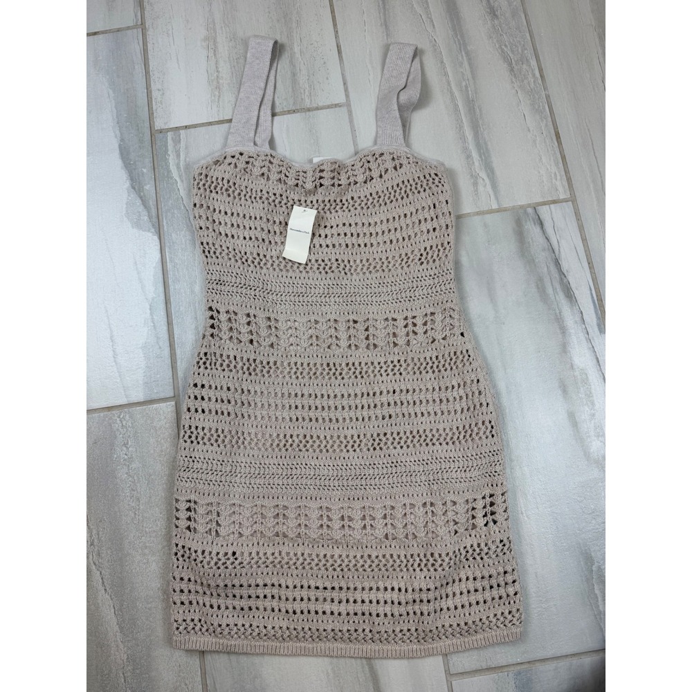 Abercrombie & Fitch Crochet Mini Dress Tan Beige Sleeveless Boho Lined Large NEW
